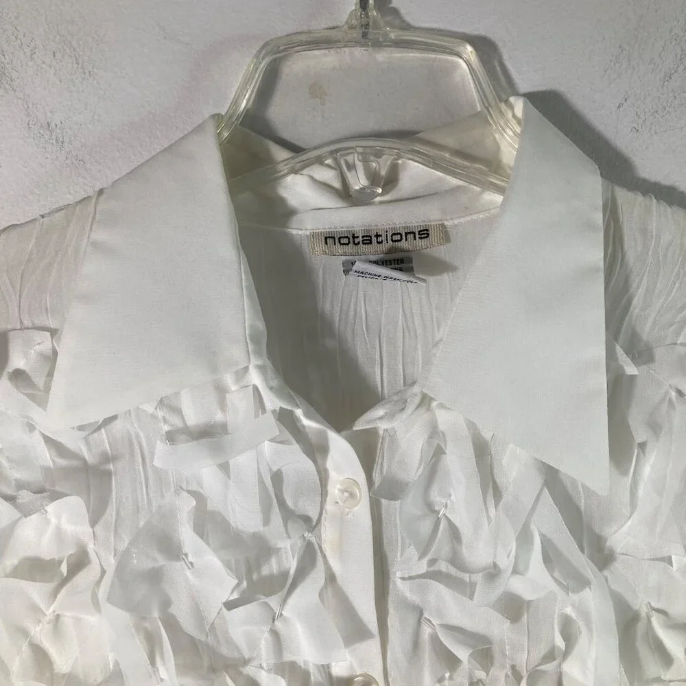 Womens Vintage Notations Crinkle Bow Bead‎ Button Shirt Bell Sleeve M White - Picture 6 of 9